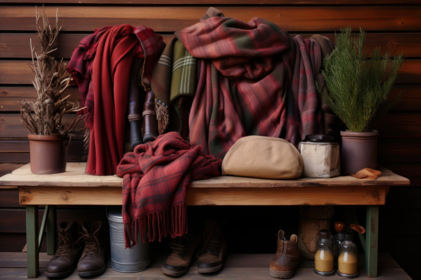 Winter gear displayed on a wooden bench inviting warmth