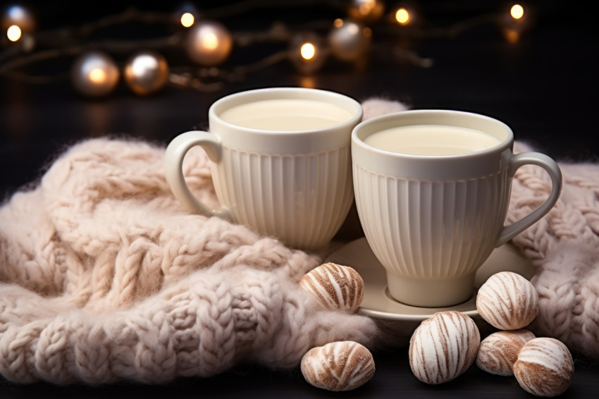 Knitted mittens beside a cup of steaming hot cocoa