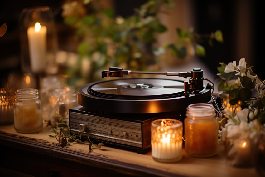 Relaxing sensory experience with scented candles and a vintage turntable