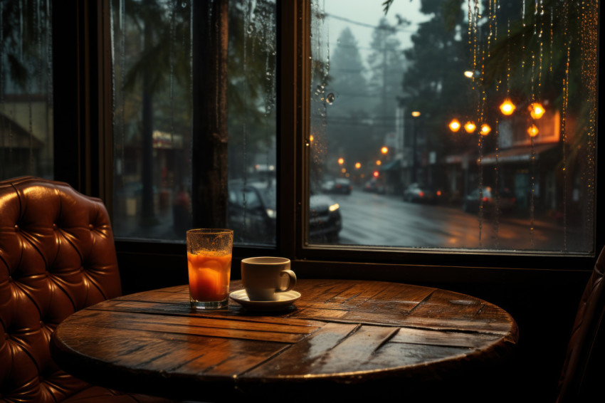 A coffee shop charm through rain specked glass