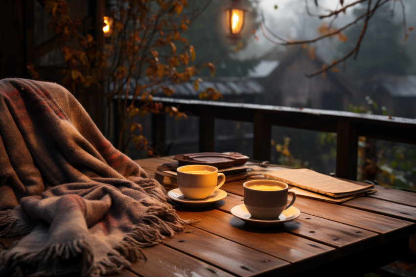 Steaming tea snug scarf and journal on a foggy outdoor table