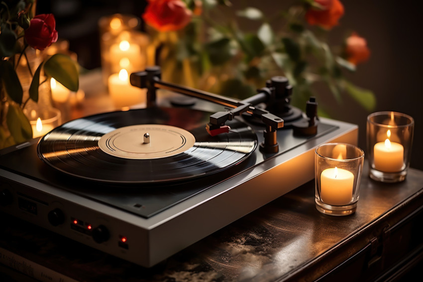 Close up of atmospheric candles and a vinyl record for a hygge moment