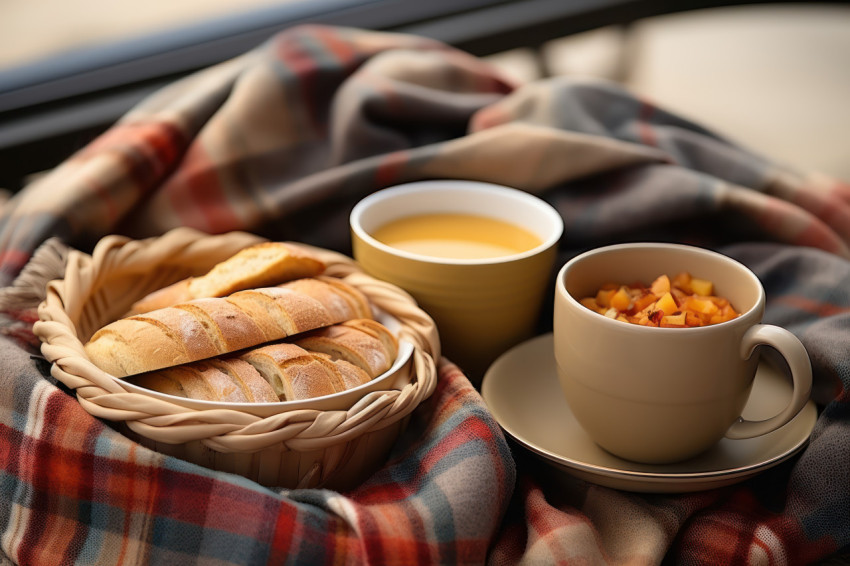 Serene picnic setup featuring comforting food and steaming hot soup