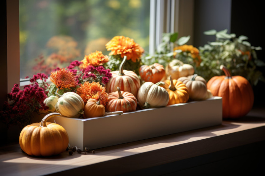 Softly lit window planter featuring autumn leaves and pumpkins