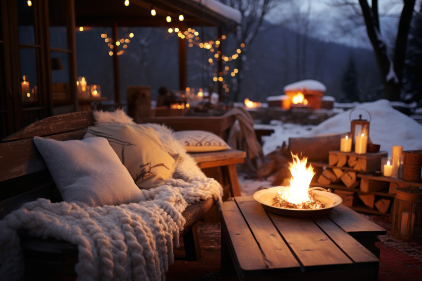 Outdoor bonfire surrounded by snowy trees