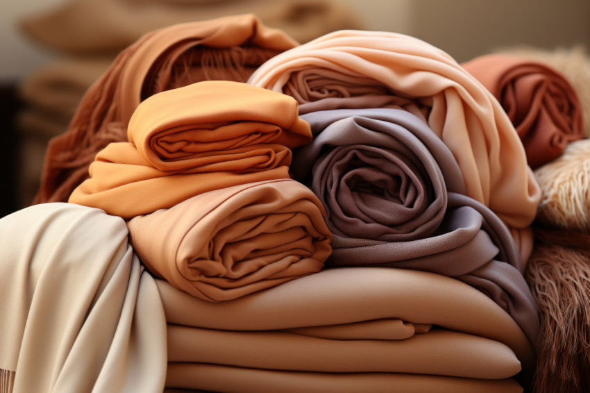 A pile of warmtoned blankets and scarves inviting to the touch