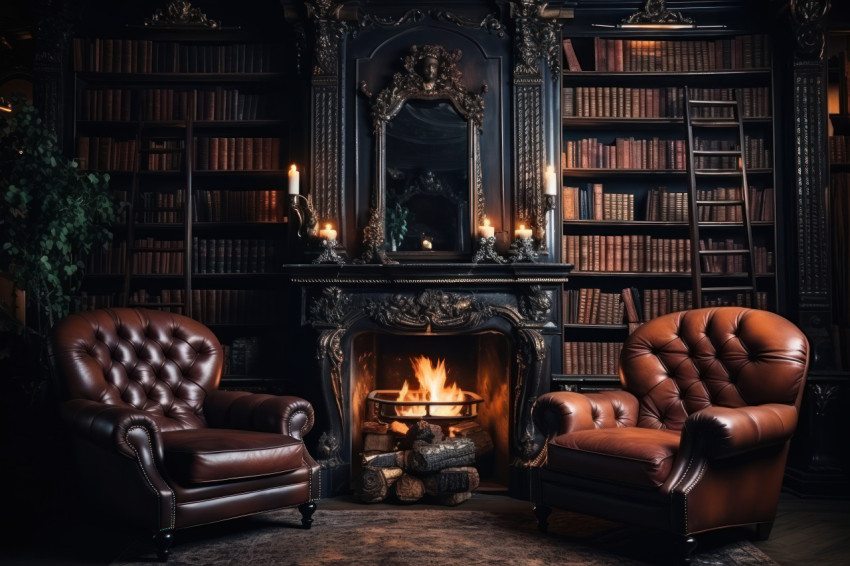 Serene library scene illuminated by the soft glow of a fireplace and surrounded by book filled shelves