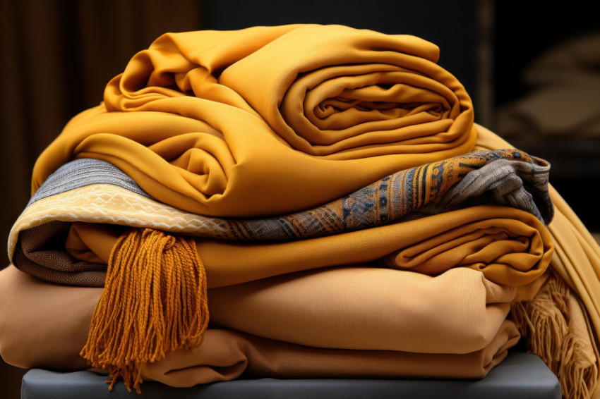 Close up of folded blankets and scarves showcasing texture and comfort