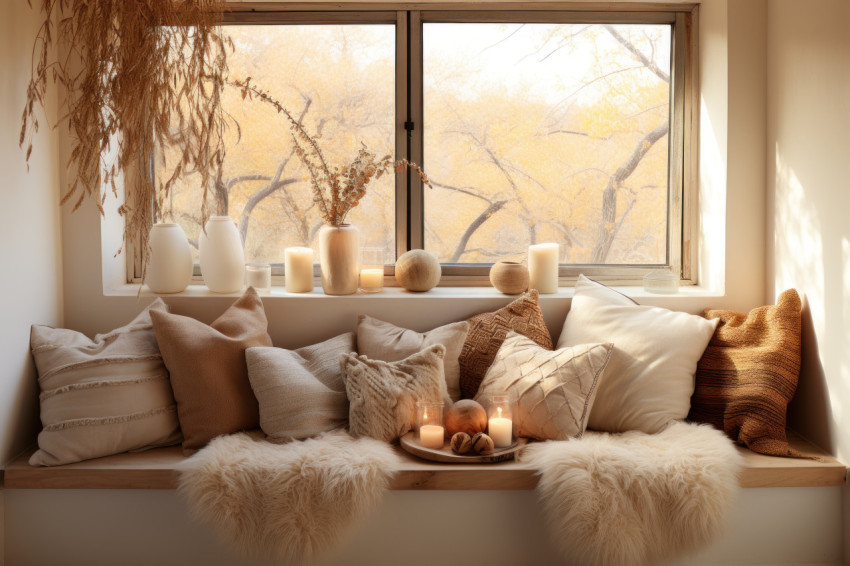 Serene window spot with cushions and blanket an inviting corner for contemplation