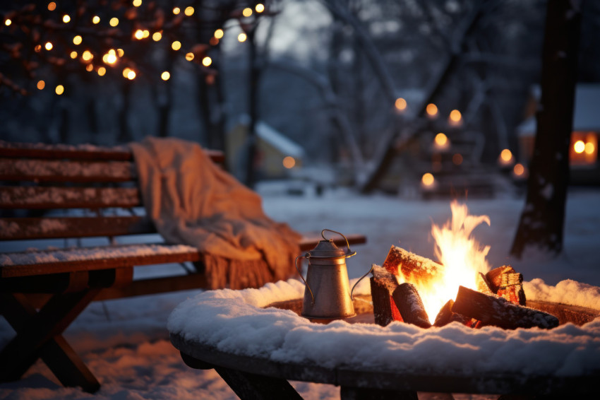 Fireside ambiance in a snowy forest