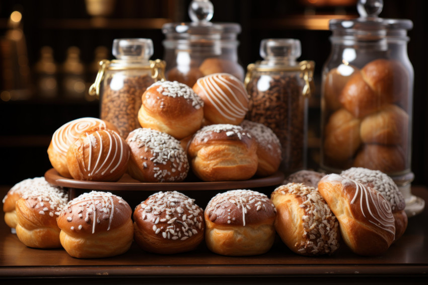 The alluring aroma of freshly baked treats emanates from a beautifully arranged bakery showcase