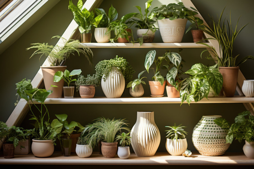 A tranquil hygge scene featuring a variety of indoor plants bathed in natural light