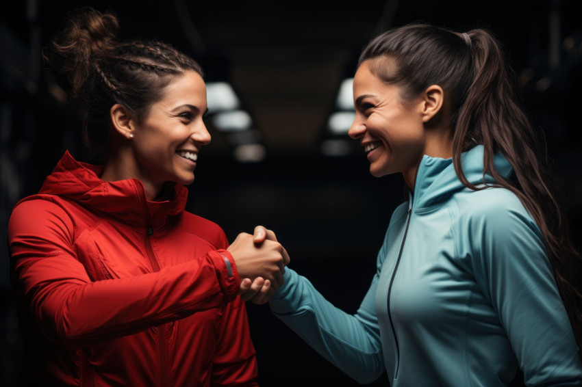 A female runner shares a smile or thumbs up with a supportive sp