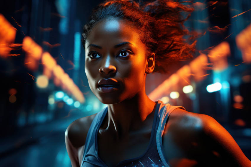 A female runner sprints across a bridge with dynamic city lights