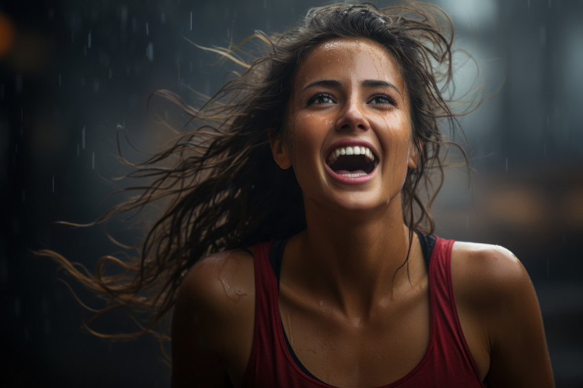 Female runner sheds tears of joy at the finish line, runner imag