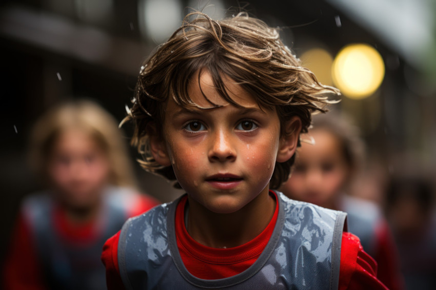 Determined boy intense gaze while running captures the mental st