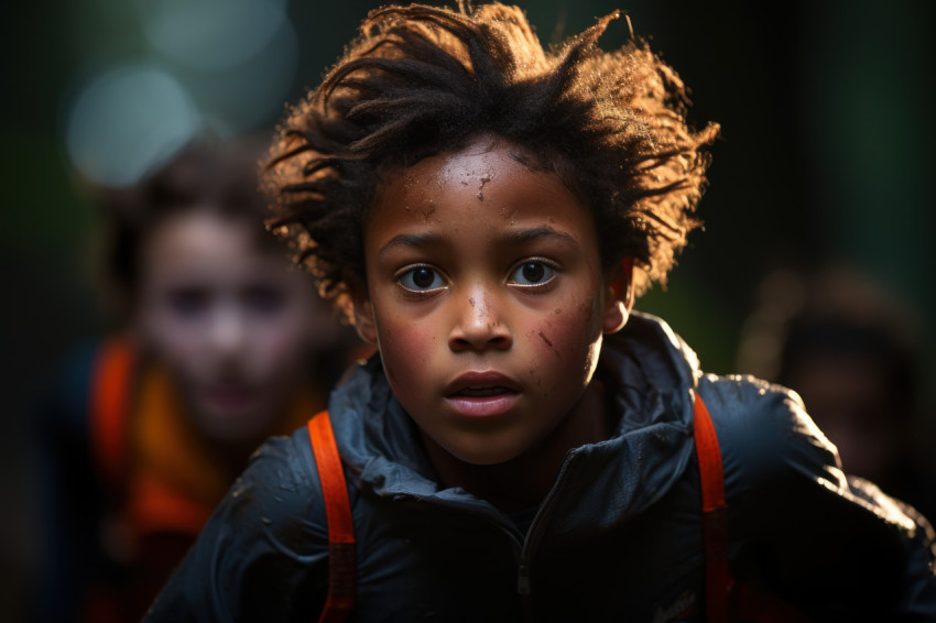 Determined boy focused gaze during competitive racing, runner im