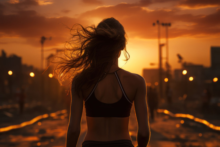 A female runner crosses the finish line backlit by the setting s