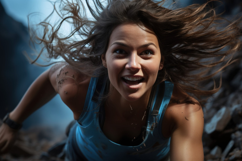 A female runner conquering obstacles with a mid air jump in an o