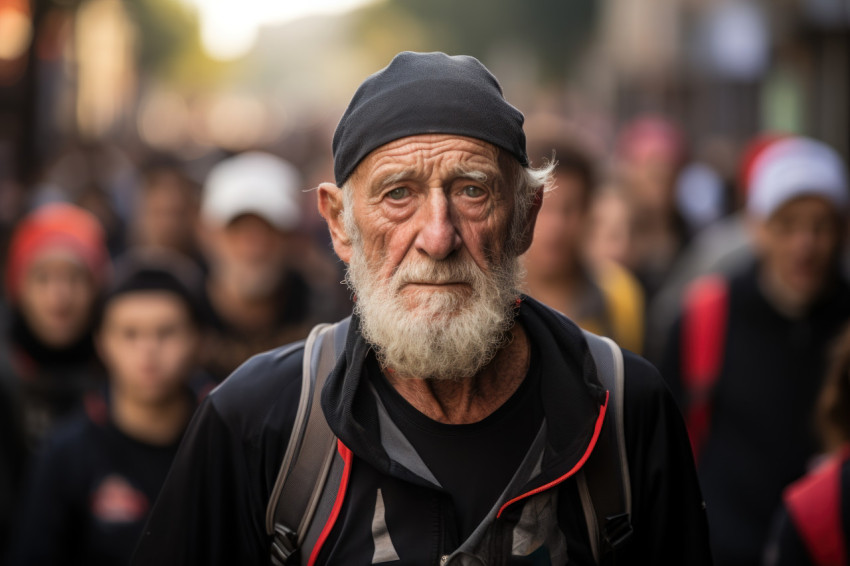 Elderly runner in poised anticipation at the starting line, runn