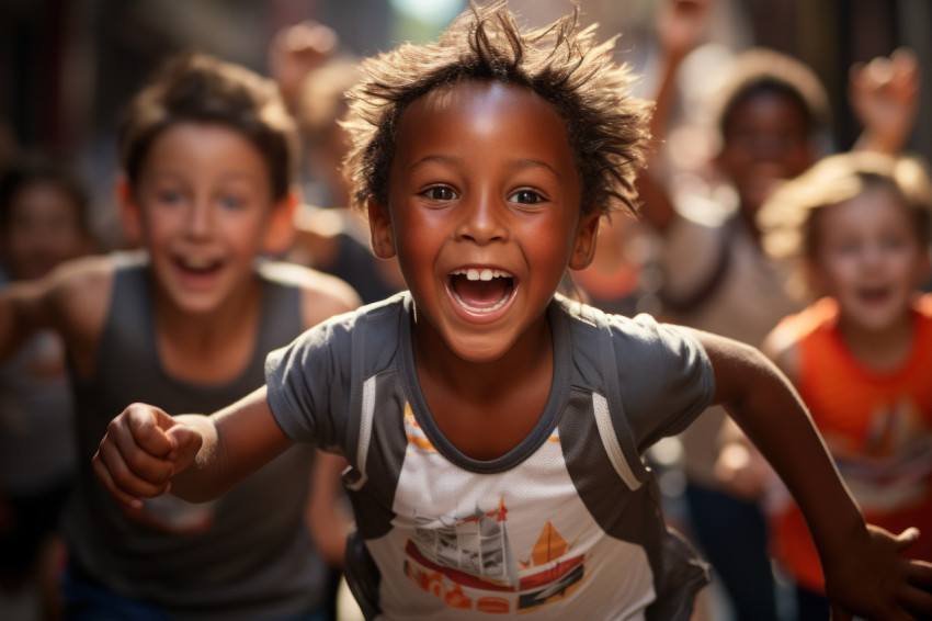 Little runner surrounded by faces beaming with excitement and pr