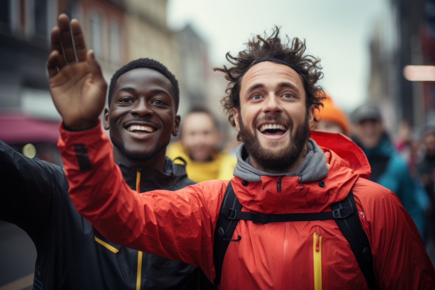 Two male runners unite in a triumphant cross over, runner image