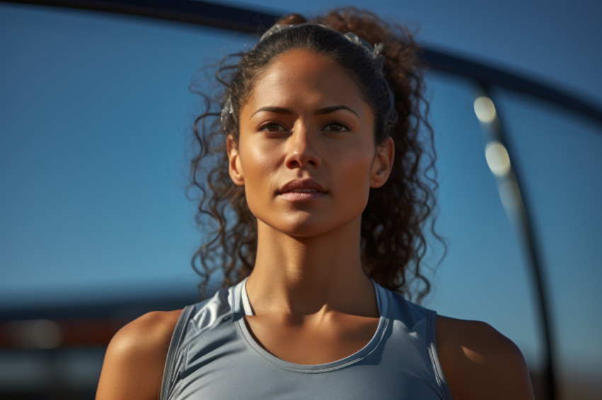 Victorious image of female runner echoes in reflective glory, ru