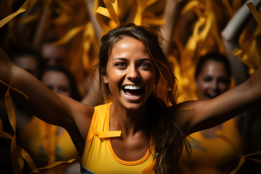 Female runner arms raised in victory at the finish line, runner