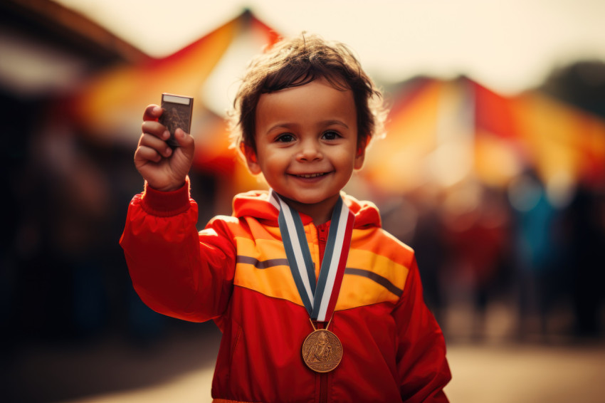 Close up of little runner medal emphasizing hard earned success,