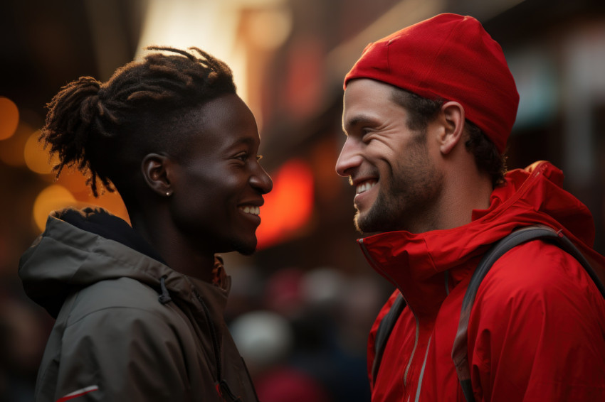 Emotional embrace of two runners at the finish line, runner imag