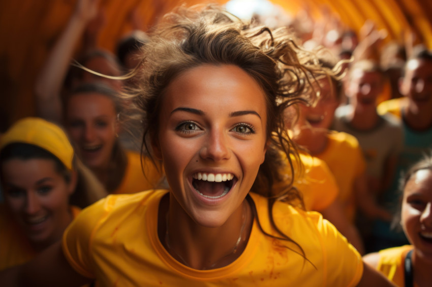 Female runner creates a vibrant atmosphere in spectator tunnel,