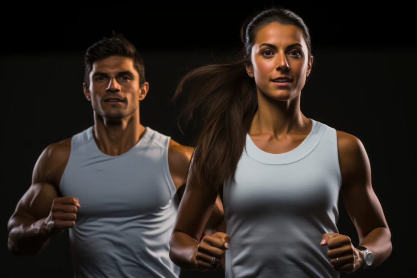 Male and female runners displaying expertise in running form, ru