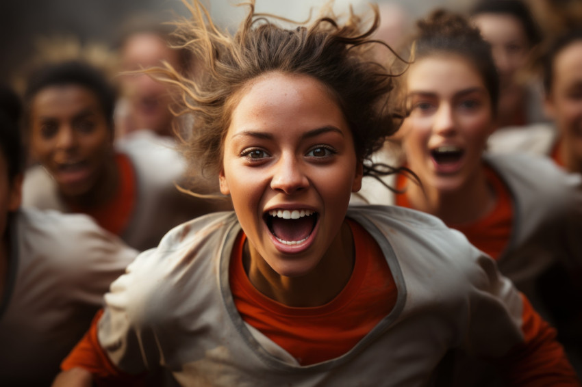 Facial expressions and flying dust as runners accelerate from th