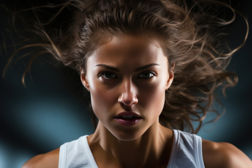 Female runner in a blur of motion against a sharp background, ru