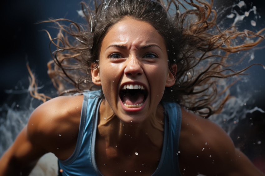 Female athlete roars in triumph crossing the finish line, runner