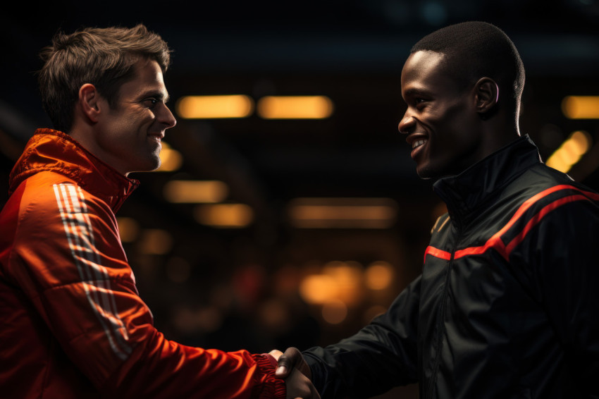 Two competitors share a dynamic high five mid race, runner image