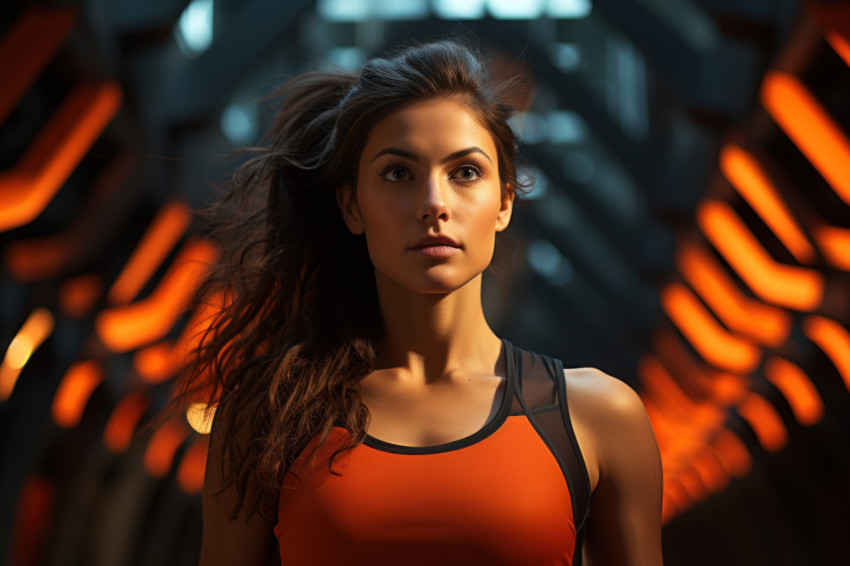 Female runner races through architectural arches in city setting