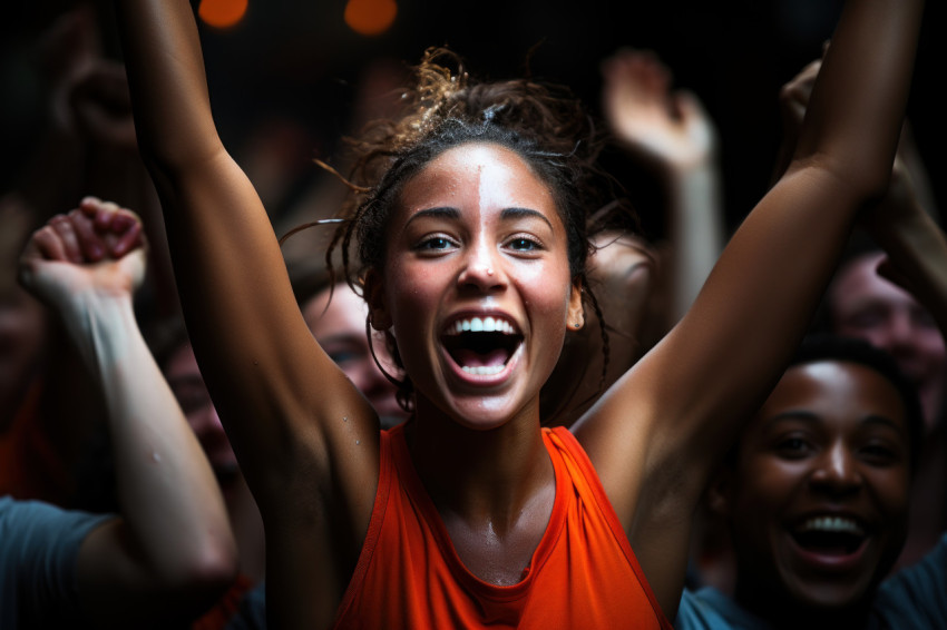 Female runner triumph with arms outstretched surrounded by ecsta