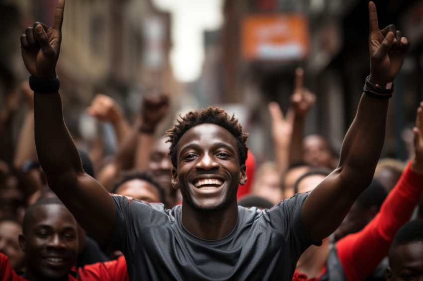 Bustling city crowds cheer on male runner marathon triumph, runn