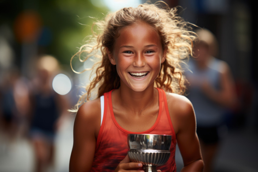 Little runner face lights up with happiness holding her trophy,