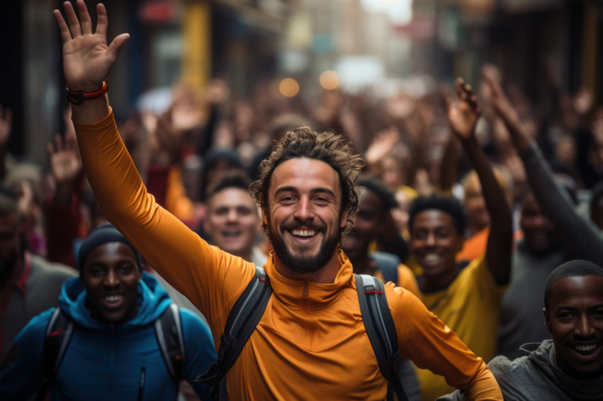 Male runner takes victory lap through urban streets after marath