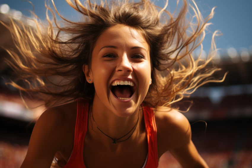 Female runner joyful leap captures the ecstasy of victory, runne