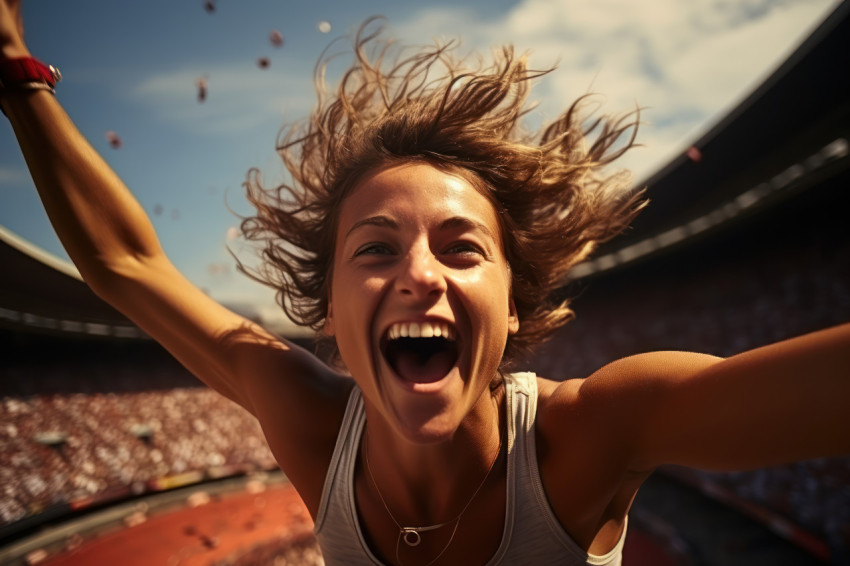 Jumping in joy female runner celebrates triumph in front of chee