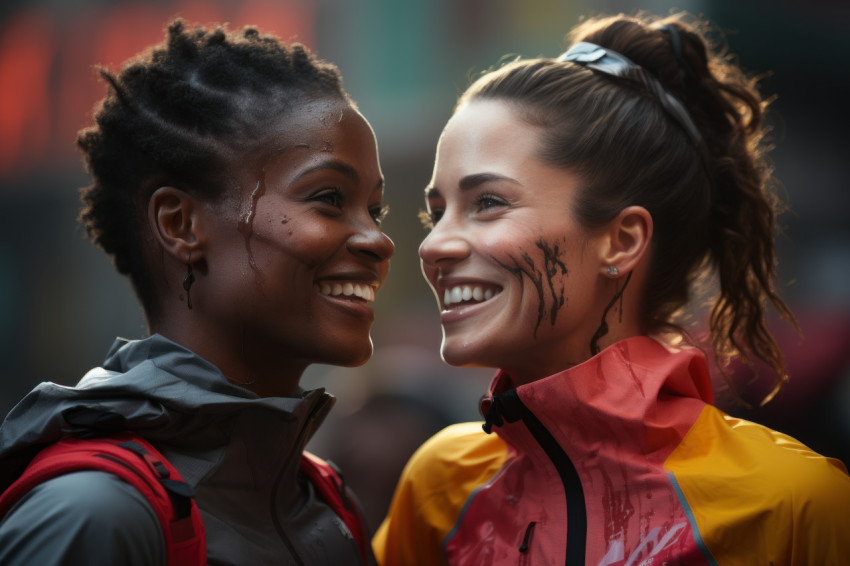 Emotional connection as female runners embrace at the finish lin