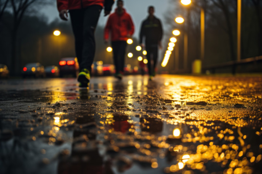 Runners concentration contrasted by reflective images in rainwat