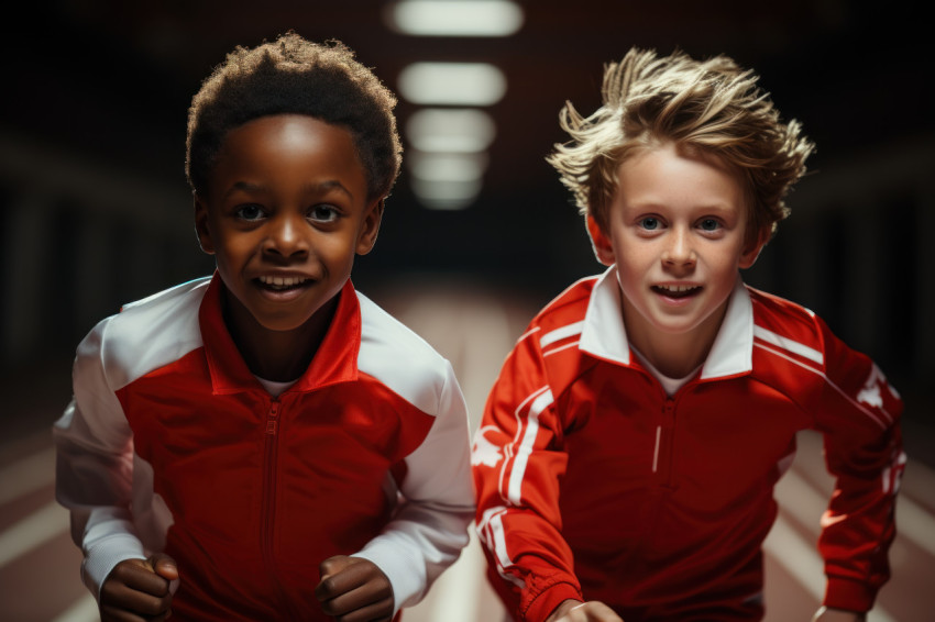 Dynamic moment of boys competing side by side fostering camarade