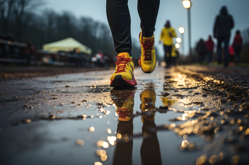 Focused runners contrasted by their mirrored images in rainy pud