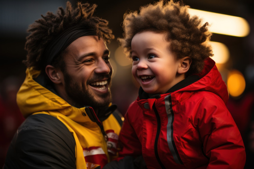 Little runner celebrates finish line with supportive loved one,