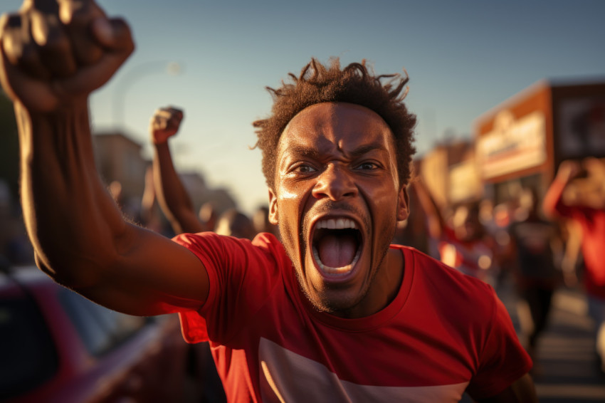 Victorious runner approaches finish line with fist pump elation,