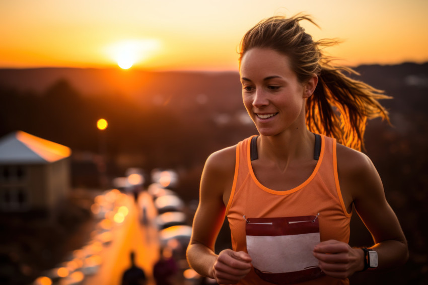 Sunset details illuminate the runner bib in a golden embrace, ru